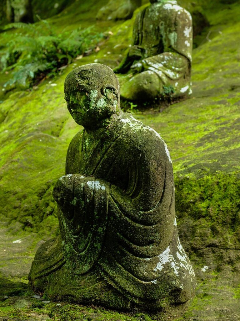 buddha, statue, moss, buddha purnima, sculpture, buddha statue, japan, buddhism, meditation, meditate, zen, mossy, park, kumamoto